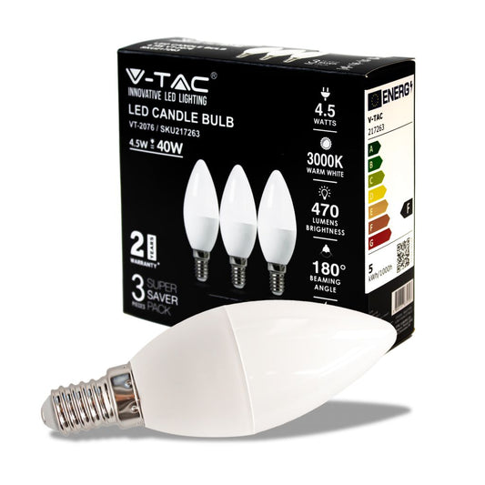 Lampadina LED V-TAC E14 4,5W Candela 3000K (Box 3 Pezzi) SKU 217263