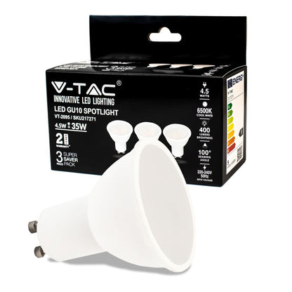 V-TAC KIT 3 PZ Faretto LED GU10 SMD 4,5W 100° Copertura Satinata 6500K 217271