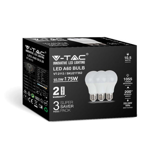 Lampadina LED V-TAC E27 10,5W 100LM/W A60 3000K (Box 3 pezzi) SKU 217352