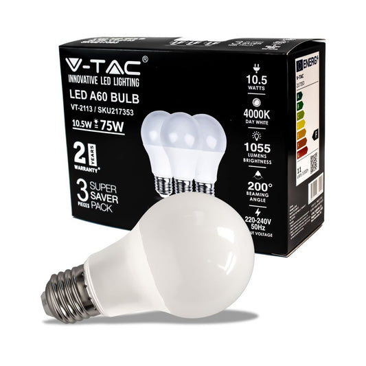 Lampadina LED V-TAC  E27 10,5W 100LM/W A60 4000K (Box 3 pezzi) SKU 217353
