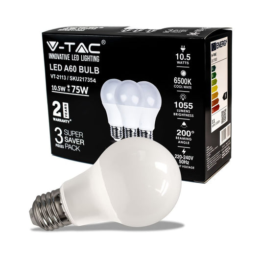 Lampadina LED V-TAC E27 10,5W 100LM/W A60 6500K (Box 3 pezzi) SKU 217354