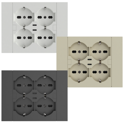 Multipresa da incasso Quadra 4 Posti Universali P40 + 2 USB-C, compatibile con tutte le scatole da incasso 3 posti (muratura o cartongesso) bianco 22107/nero 22117/sabbia 22127