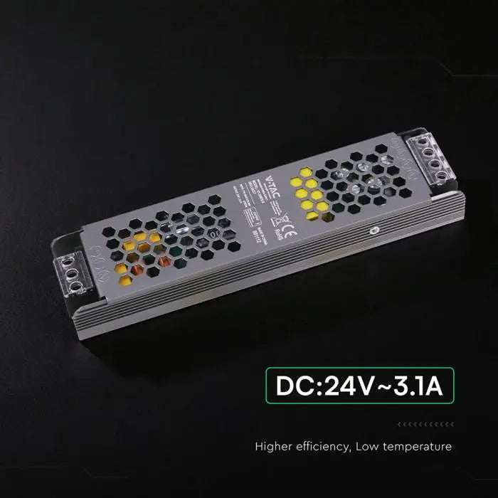 Alimentatore LED Slim in Metallo 75W 24V 3.1A con 1 Uscita 200x50x24mm IP20 V-TAC 24237
