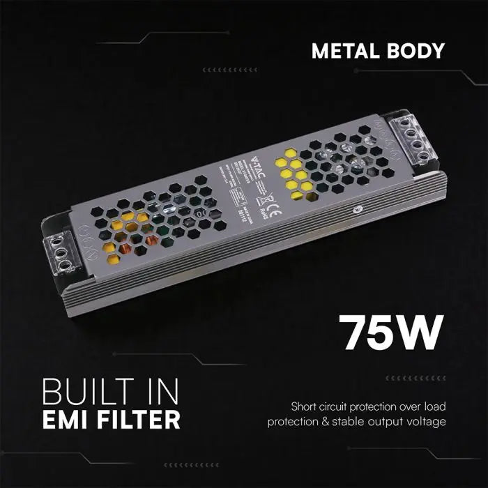 Alimentatore LED Slim in Metallo 75W 24V 3.1A con 1 Uscita 200x50x24mm IP20 V-TAC 24237