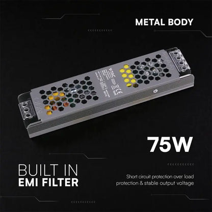 Alimentatore LED Slim in Metallo 75W 24V 3.1A con 1 Uscita 200x50x24mm IP20 V-TAC 24237