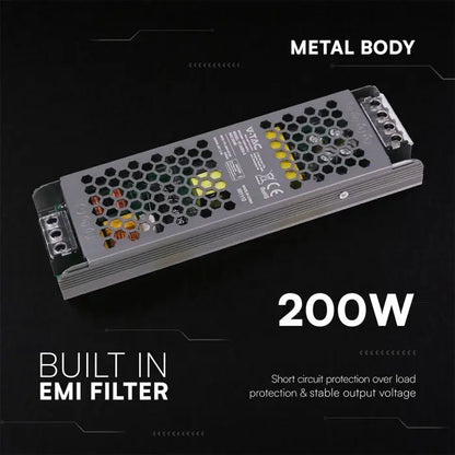 Alimentatore LED Slim in Metallo 200W 24V 8.25A con 1 Uscita 209x63x25mm IP20 V-TAC 24240
