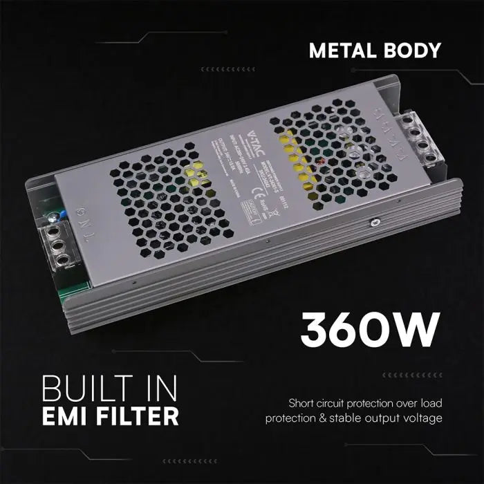 Alimentatore LED Slim in Metallo 360W 24V 15A con 1 Uscita 208x82x32mm IP20  V-TAC 24242