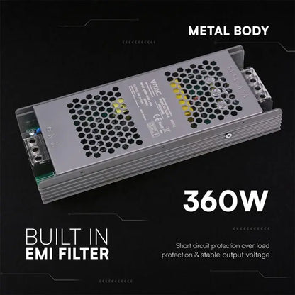 Alimentatore LED Slim in Metallo 360W 24V 15A con 1 Uscita 208x82x32mm IP20  V-TAC 24242