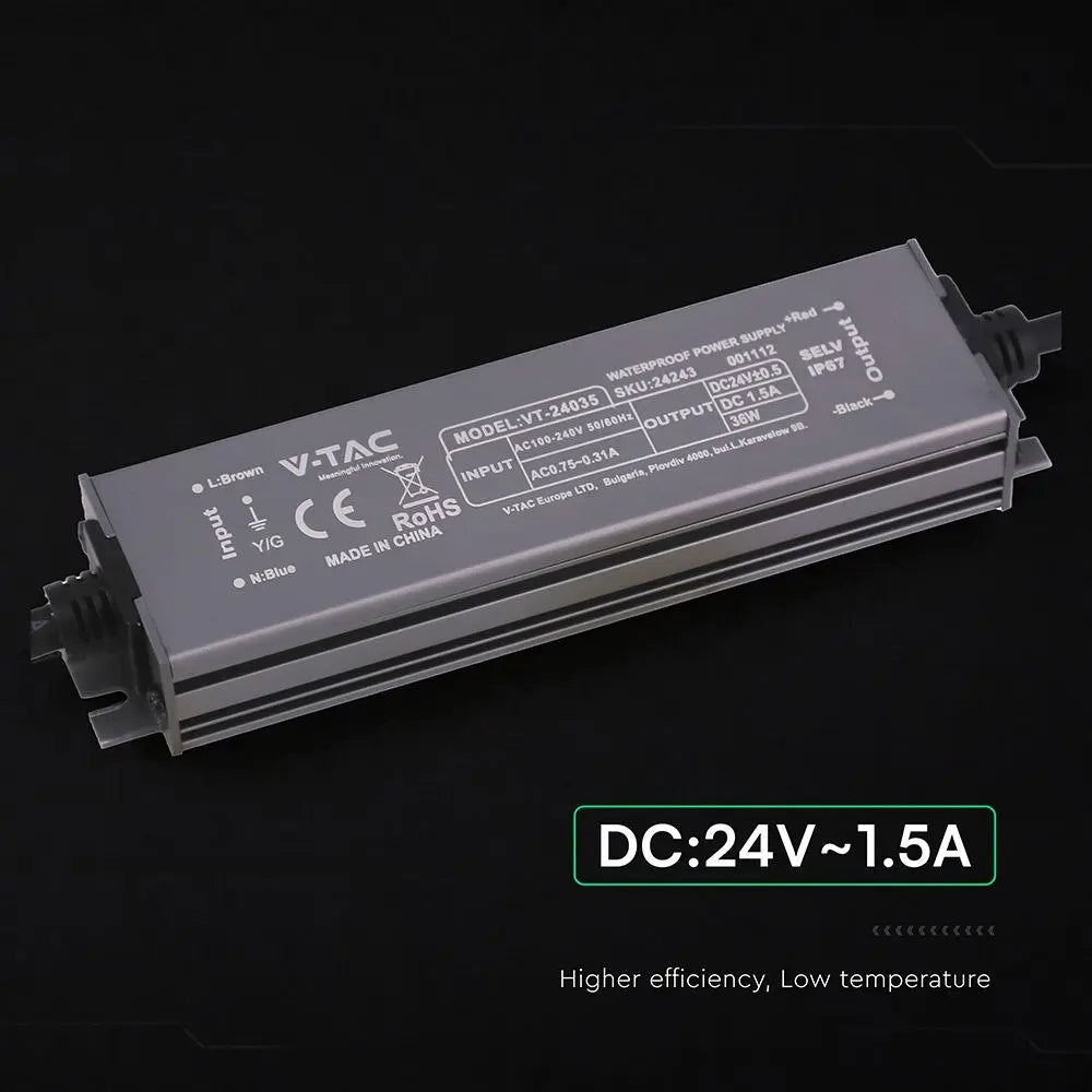 Alimentatore LED in Metallo 36W 24V 1.5A con 1 Uscita 140x35x21mm IP67  V-TAC 24243