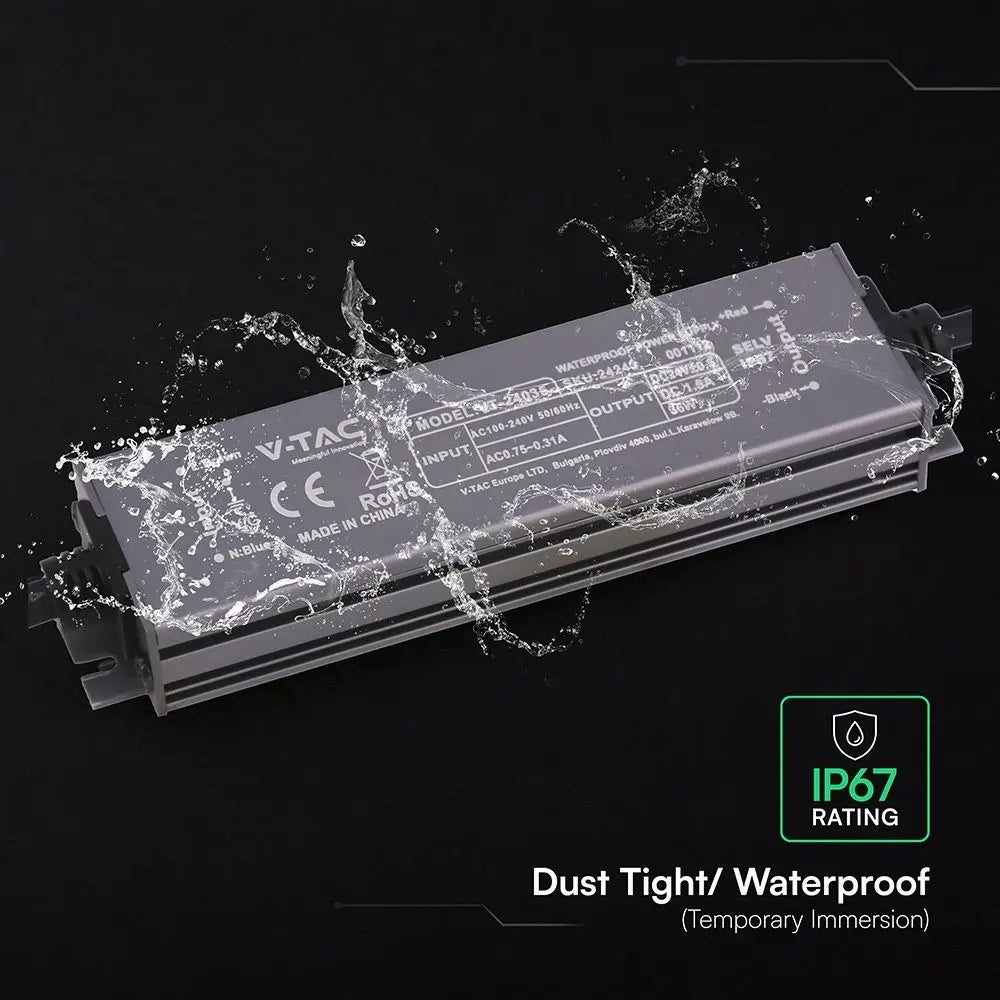 Alimentatore LED in Metallo 36W 24V 1.5A con 1 Uscita 140x35x21mm IP67  V-TAC 24243