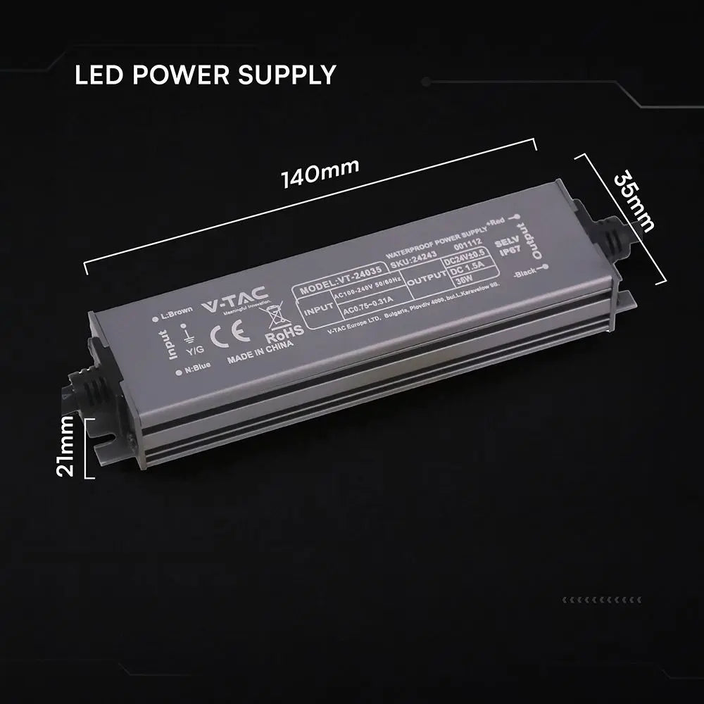 Alimentatore LED in Metallo 36W 24V 1.5A con 1 Uscita 140x35x21mm IP67  V-TAC 24243