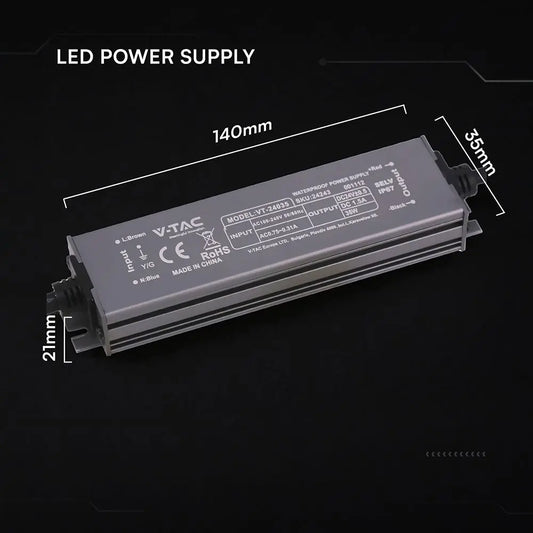 Alimentatore LED in Metallo 36W 24V 1.5A con 1 Uscita 140x35x21mm IP67  V-TAC 24243
