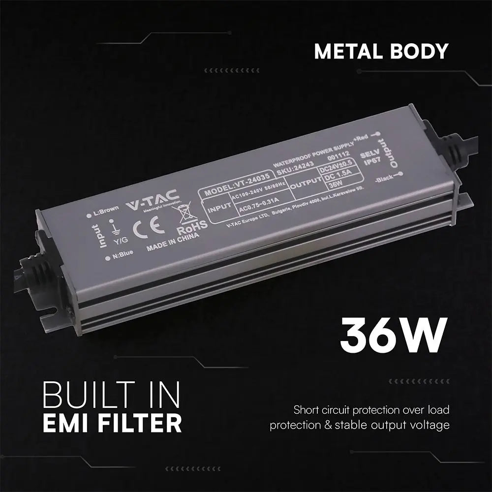 Alimentatore LED in Metallo 36W 24V 1.5A con 1 Uscita 140x35x21mm IP67  V-TAC 24243