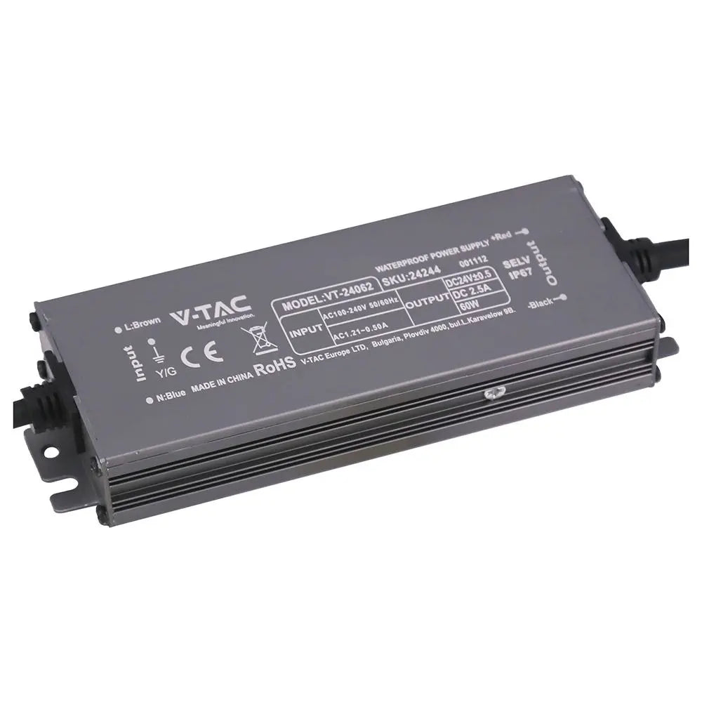 Alimentatore LED in Metallo 60W 24V 2.5A con 1 Uscita 159x50x25 IP67 V-TAC 24244