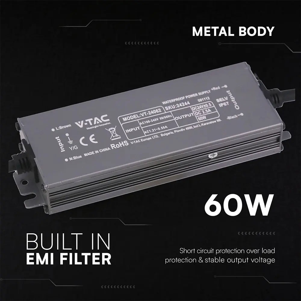 Alimentatore LED in Metallo 60W 24V 2.5A con 1 Uscita 159x50x25 IP67 V-TAC 24244