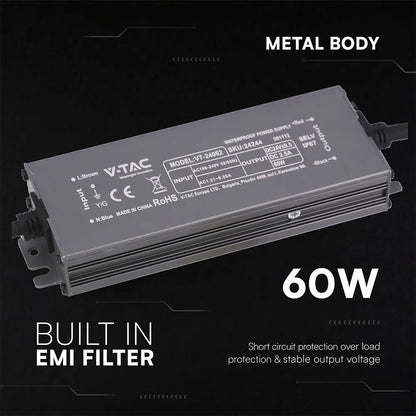 Alimentatore LED in Metallo 60W 24V 2.5A con 1 Uscita 159x50x25 IP67 V-TAC 24244
