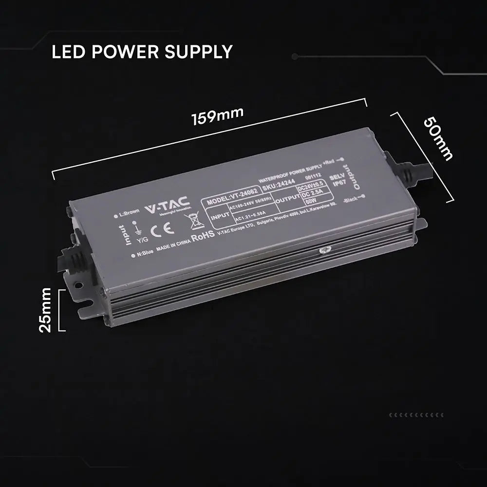 Alimentatore LED in Metallo 60W 24V 2.5A con 1 Uscita 159x50x25 IP67 V-TAC 24244