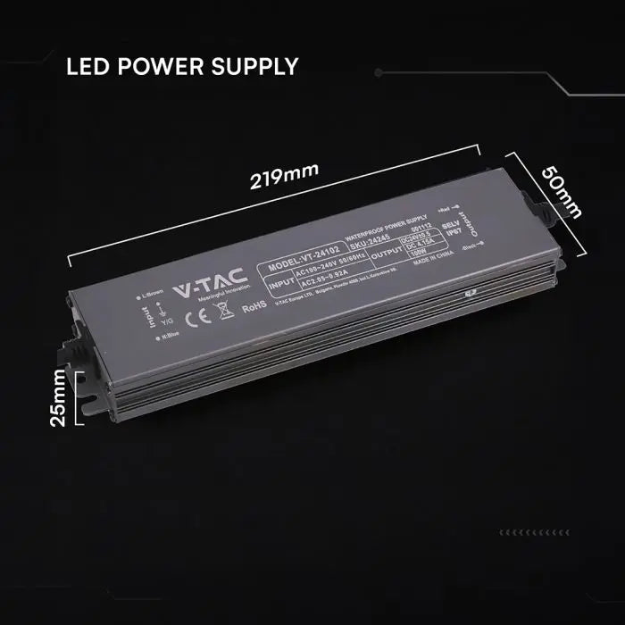 Alimentatore LED in Metallo 100W 24V 4.15A con 1 Uscita 219x50x25mm IP67 V-TAC 24245