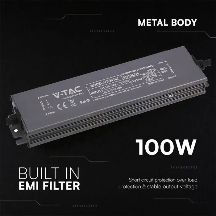 Alimentatore LED in Metallo 100W 24V 4.15A con 1 Uscita 219x50x25mm IP67 V-TAC 24245