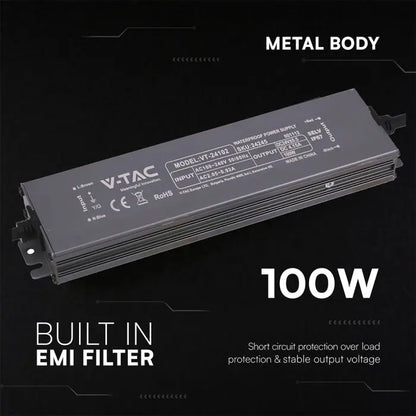 Alimentatore LED in Metallo 100W 24V 4.15A con 1 Uscita 219x50x25mm IP67 V-TAC 24245