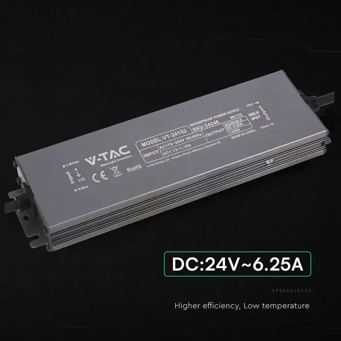 Alimentatore LED in Metallo 150W 24V 6.25A con 1 Uscita 224x65x25mm IP67 V-TAC 24246