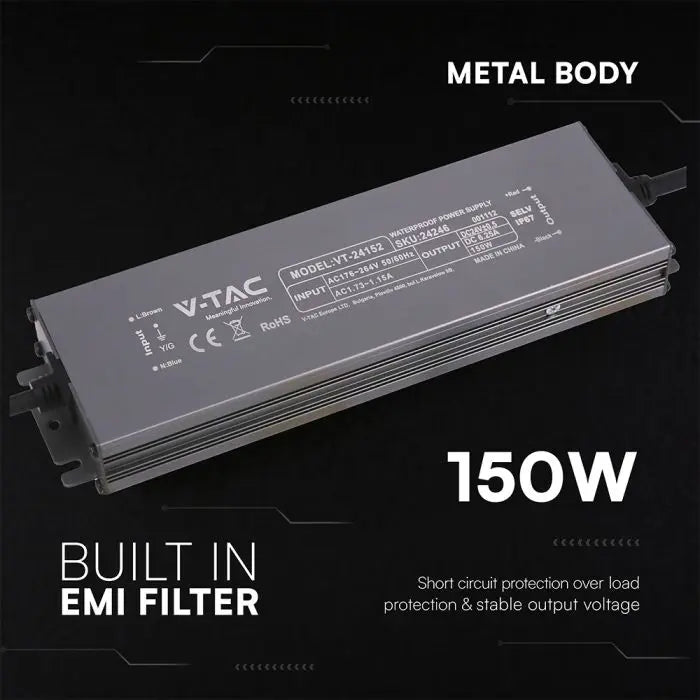 Alimentatore LED in Metallo 150W 24V 6.25A con 1 Uscita 224x65x25mm IP67 V-TAC 24246