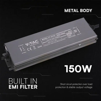 Alimentatore LED in Metallo 150W 24V 6.25A con 1 Uscita 224x65x25mm IP67 V-TAC 24246