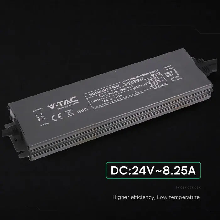 Alimentatore LED in Metallo 200W 24V 8.25A con 1 Uscita 244x65x25mm IP67 V-TAC 24247