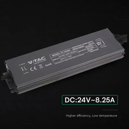 Alimentatore LED in Metallo 200W 24V 8.25A con 1 Uscita 244x65x25mm IP67 V-TAC 24247