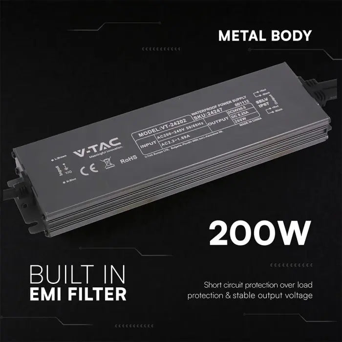 Alimentatore LED in Metallo 200W 24V 8.25A con 1 Uscita 244x65x25mm IP67 V-TAC 24247