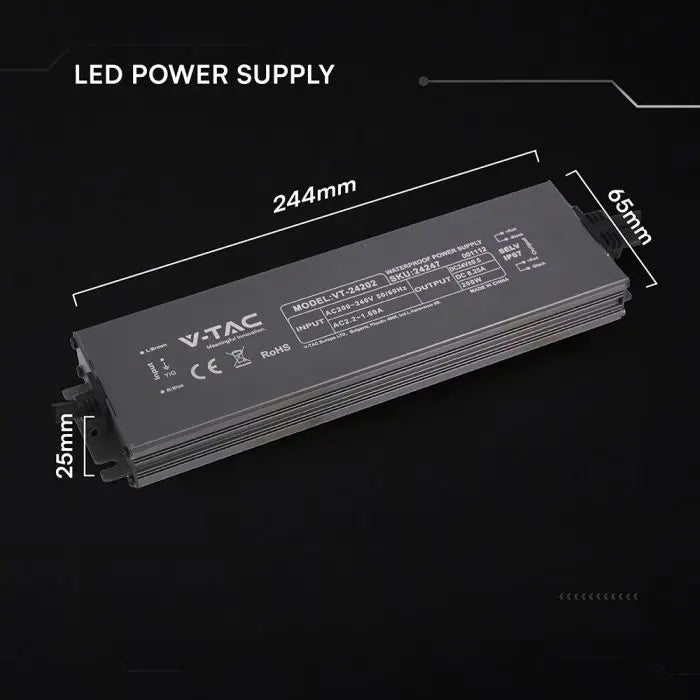Alimentatore LED in Metallo 200W 24V 8.25A con 1 Uscita 244x65x25mm IP67 V-TAC 24247