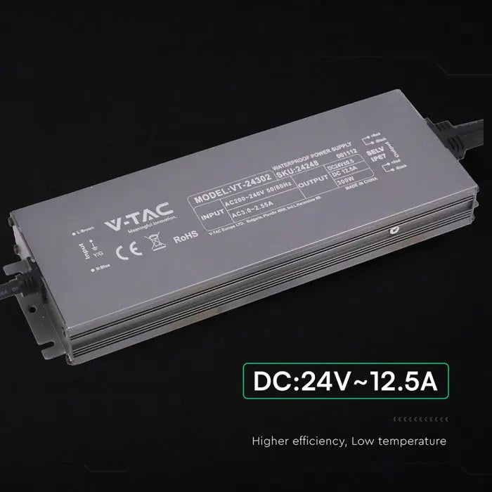 Alimentatore LED in Metallo 300W 24V 12.5A con 1 Uscita 244x80x29mm IP67 V-TAC 24248