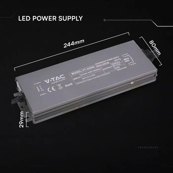 Alimentatore LED in Metallo 300W 24V 12.5A con 1 Uscita 244x80x29mm IP67 V-TAC 24248