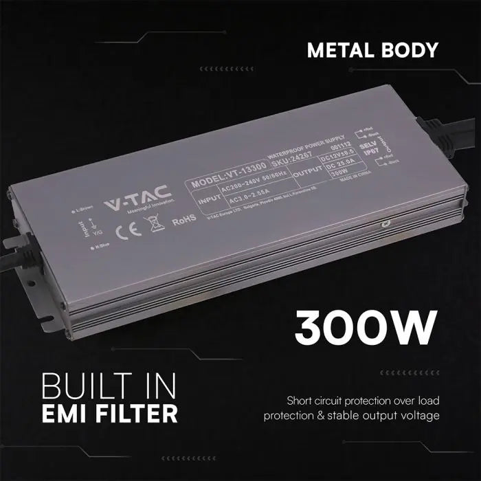 Alimentatore LED in Metallo 300W 24V 12.5A con 1 Uscita 244x80x29mm IP67 V-TAC 24248