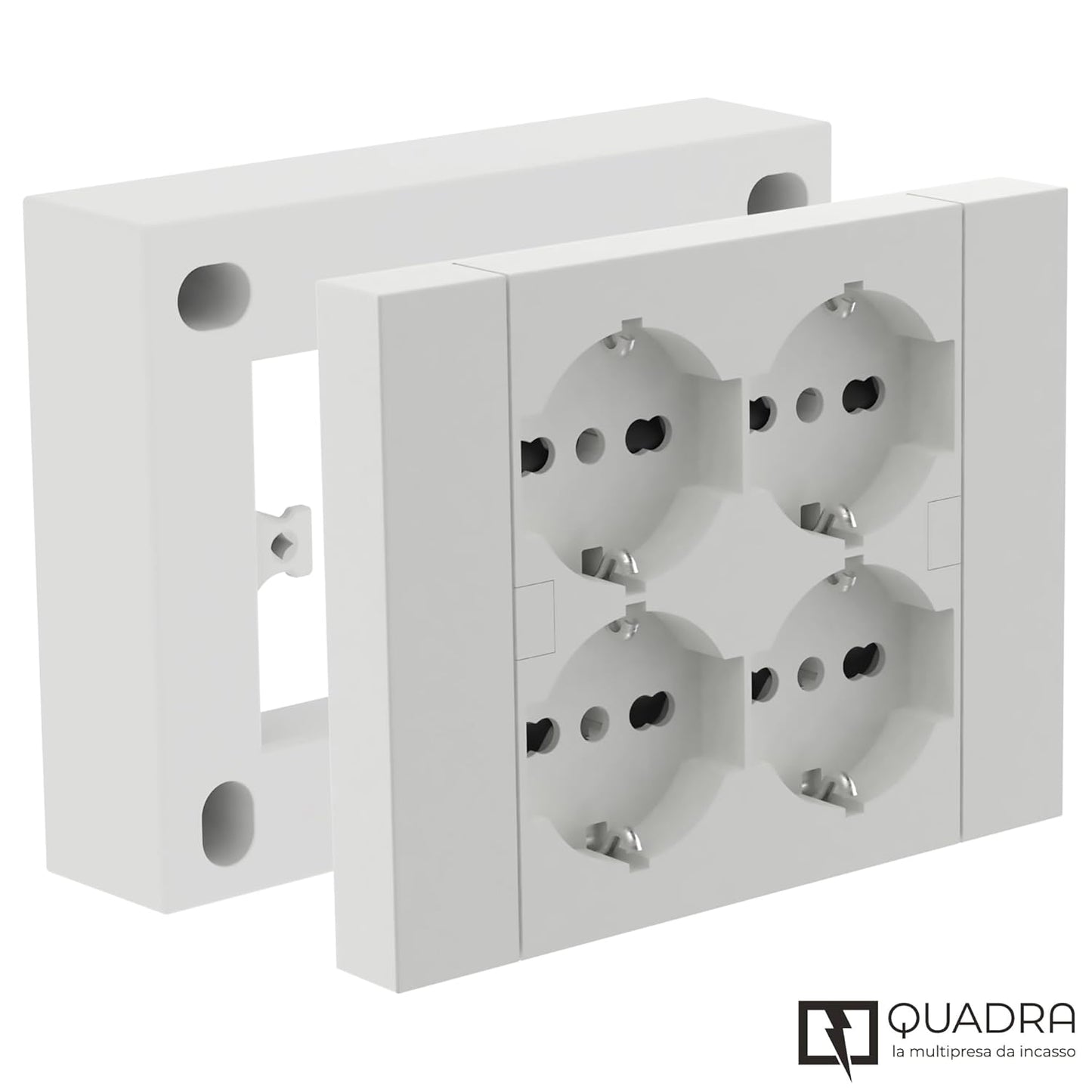 Multipresa da parete Quadra 4 Posti Universali, con scatola di supporto per installazioni esterne, compatibile con tutte le scatole da incasso 3 posti (muratura o cartongesso) BIANCA 22016