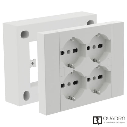 Multipresa da parete Quadra 4 Posti Universali, con scatola di supporto per installazioni esterne, compatibile con tutte le scatole da incasso 3 posti (muratura o cartongesso) BIANCA 22016