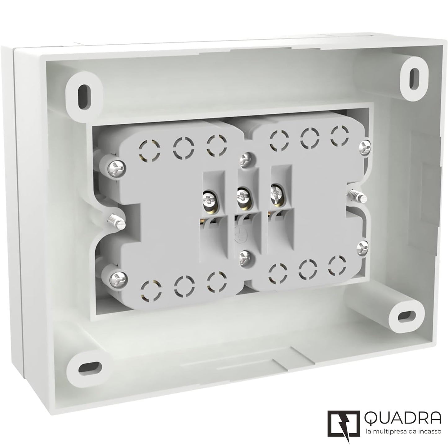 Multipresa da parete Quadra 4 Posti Universali, con scatola di supporto per installazioni esterne, compatibile con tutte le scatole da incasso 3 posti (muratura o cartongesso) BIANCA 22016