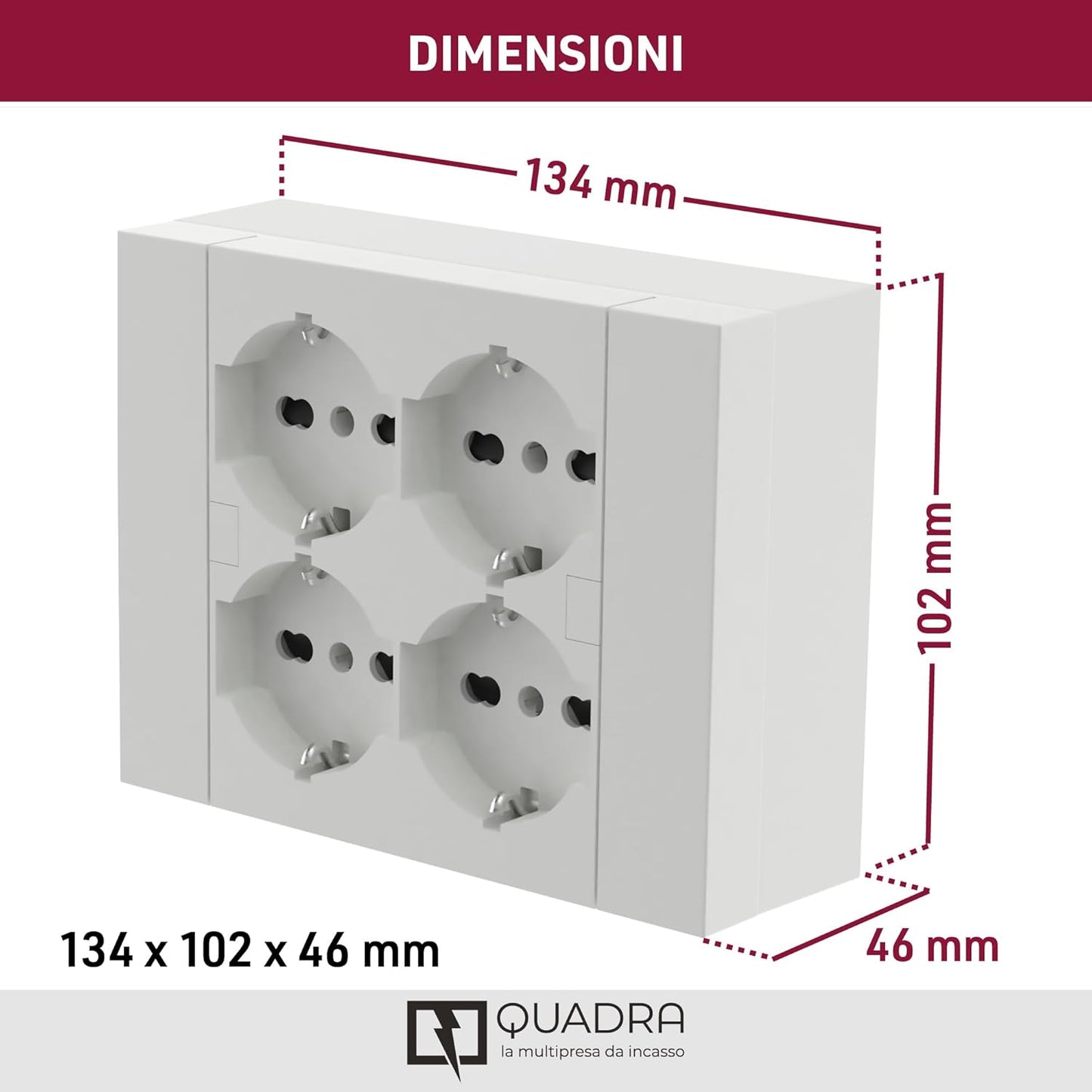 Multipresa da parete Quadra 4 Posti Universali, con scatola di supporto per installazioni esterne, compatibile con tutte le scatole da incasso 3 posti (muratura o cartongesso) BIANCA 22016