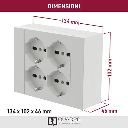 Multipresa da parete Quadra 4 Posti Universali, con scatola di supporto per installazioni esterne, compatibile con tutte le scatole da incasso 3 posti (muratura o cartongesso) BIANCA 22016