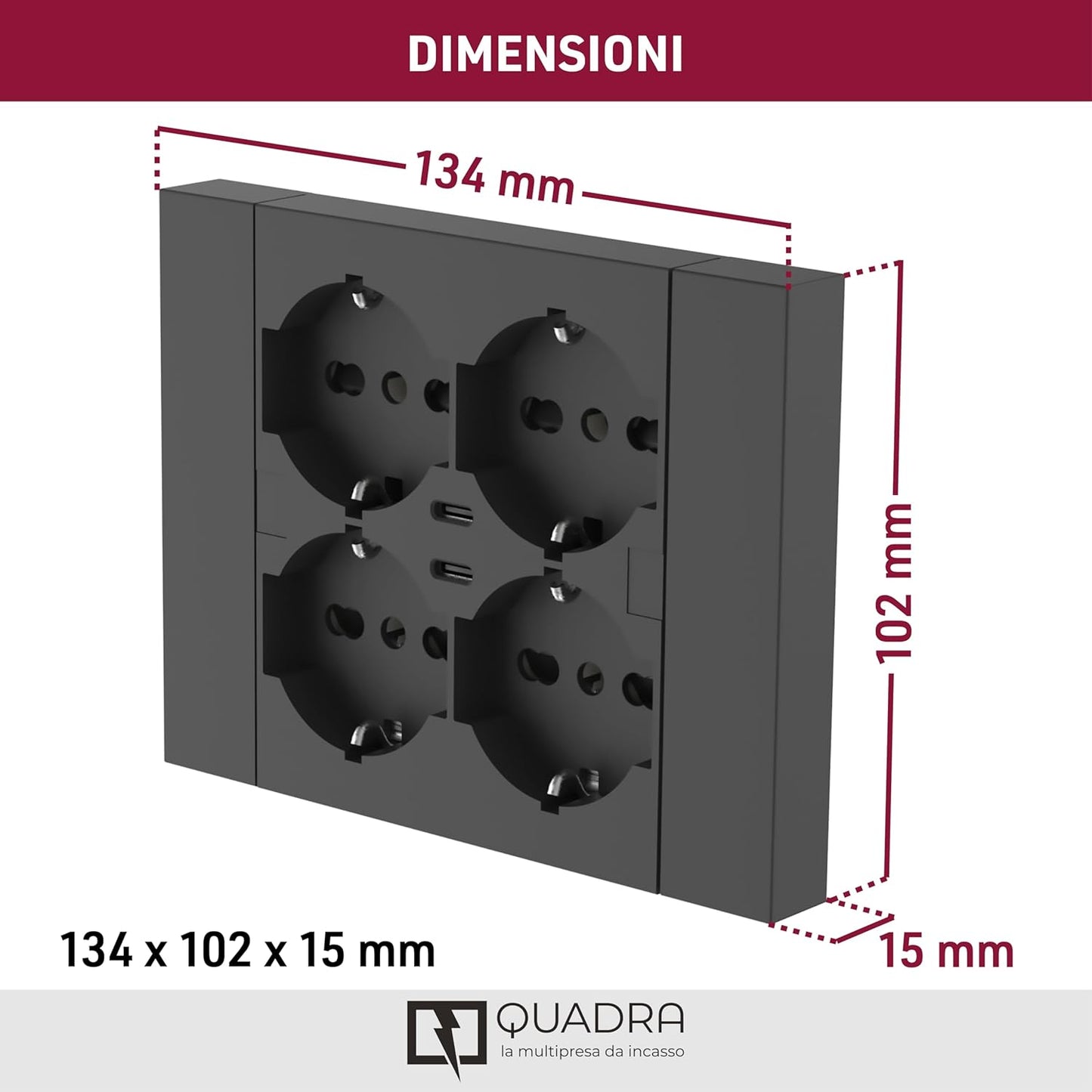Multipresa da incasso Quadra 4 Posti Universali P40 + 2 USB-C, compatibile con tutte le scatole da incasso 3 posti (muratura o cartongesso) bianco 22107/nero 22117/sabbia 22127
