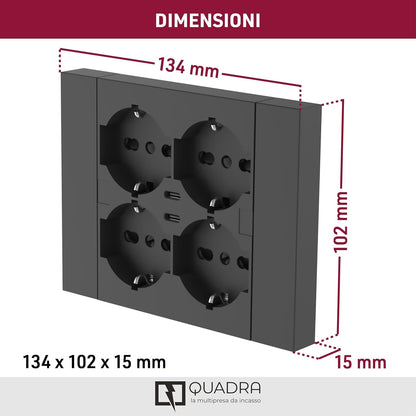 Multipresa da incasso Quadra 4 Posti Universali P40 + 2 USB-C, compatibile con tutte le scatole da incasso 3 posti (muratura o cartongesso) bianco 22107/nero 22117/sabbia 22127