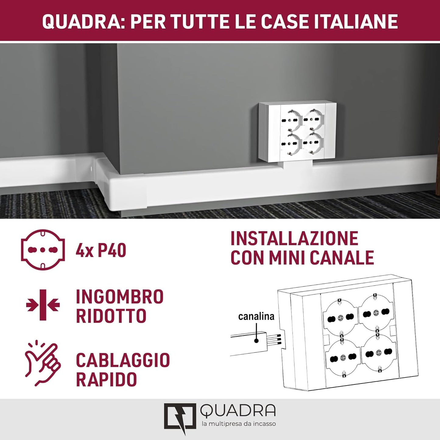 Multipresa da parete Quadra 4 Posti Universali, con scatola di supporto per installazioni esterne, compatibile con tutte le scatole da incasso 3 posti (muratura o cartongesso) BIANCA 22016