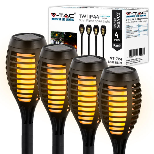 conf 4 pz Lampade Solari V-TAC  LED a Forma di Torcia Effetto Fiamma 1W 2200k SKU 8689 VT-724