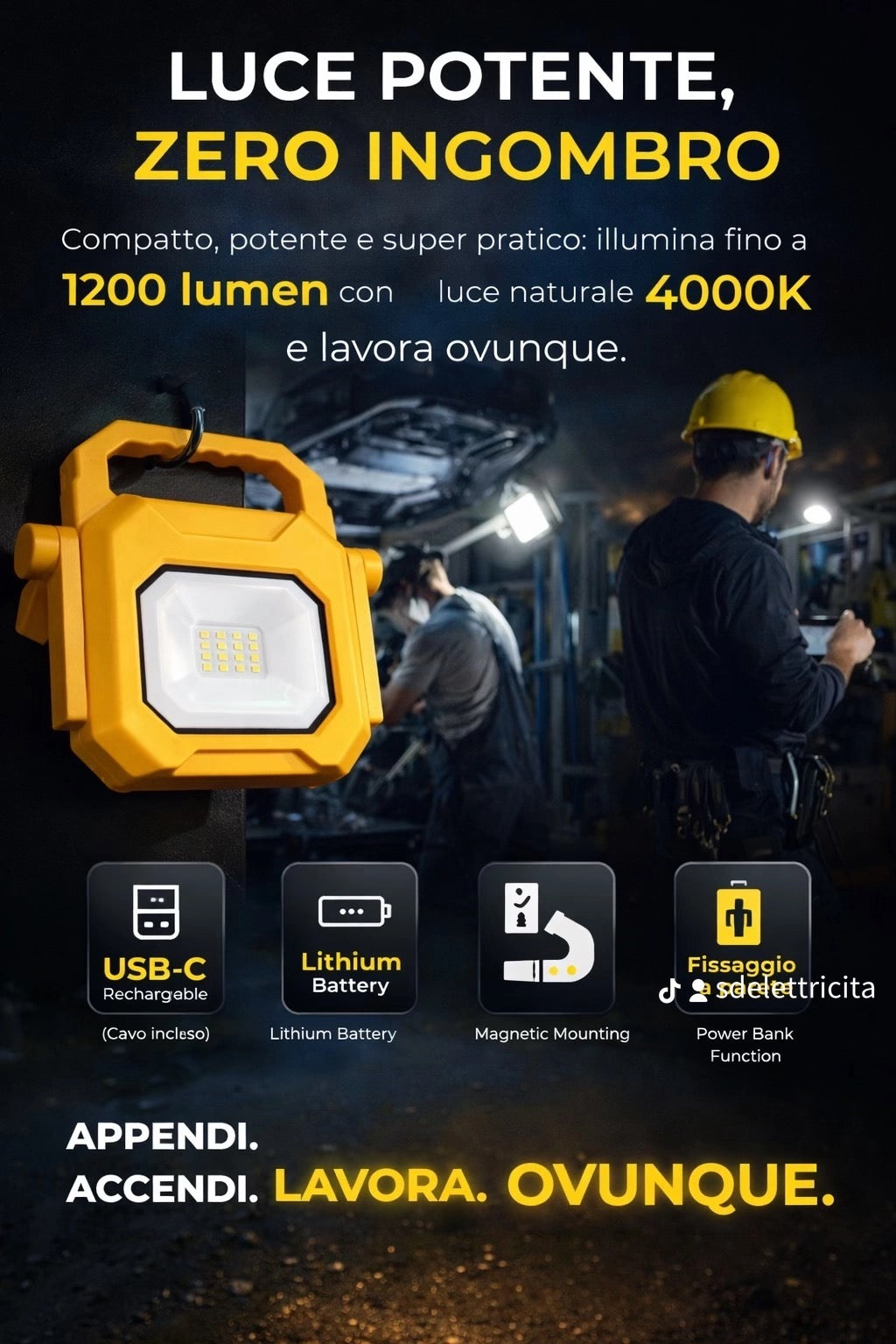 Faro Work ricaricabile 8W 1200LM 4000K IP54  POWERBANK colore GIALLO  300527