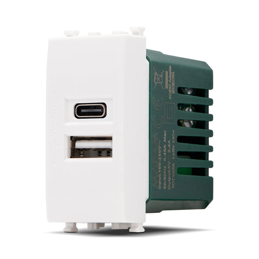 Presa USB 2.4A A+C GEM Bianco compatibile con Vimar Plana MAPAM F633BI