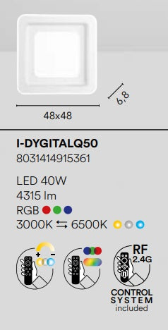 FANEUROPE Plafoniera Quadrata RGB LED 40W 4315 lm  con struttura in metallo e acrilico bianco, I-DYGITALQ50