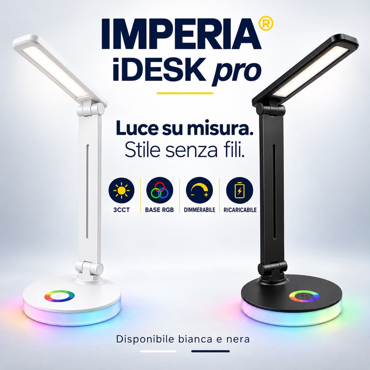 Lampada da tavolo led ricaricabile IDESK dimmerabile 3CCT 3000K/4000K/6500K BASE RGB BIANCA O NERA