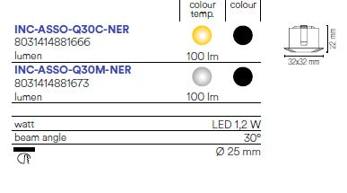 Mini Faretto Incasso LED ASSO quadrato in alluminio NERO 1W100LM 4000K DC24V  3.2x3,2 cm. NC-ASSO-Q30M-NER