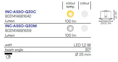 Mini Faretto Incasso LED ASSO quadrato in alluminio bianco 1,2 W 100LM 3000K DC24V  3.2x3,2 cm. INC-ASSO-Q30C