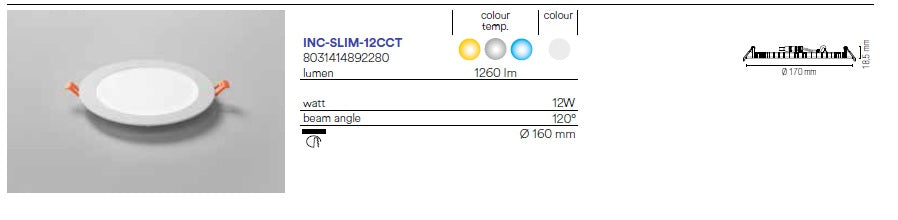 Faretto ad incasso LED SLIM ultrasottile in alluminio bianco 12W  1260LM  170X1,85mm con funzione CCT